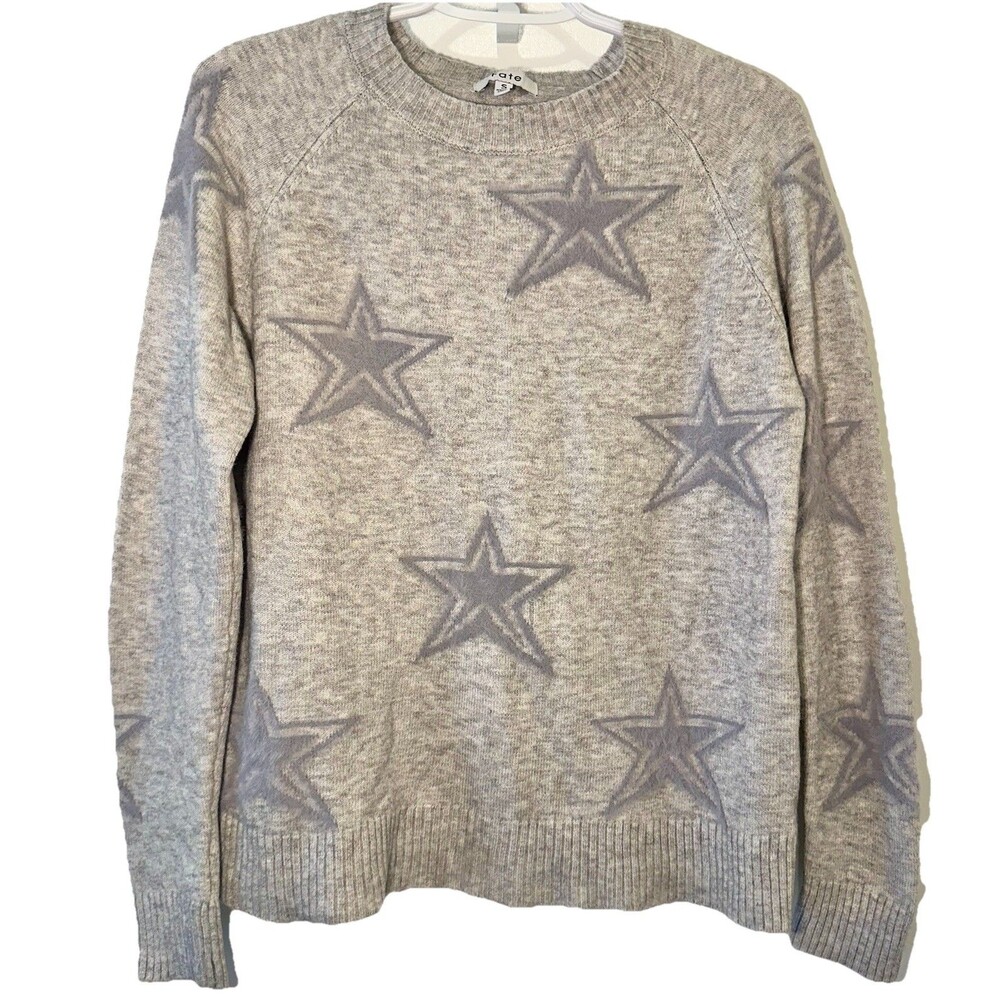 Fate Gray Star Print Crewneck Sweater Women Small Raglan Sleeve Soft Knit